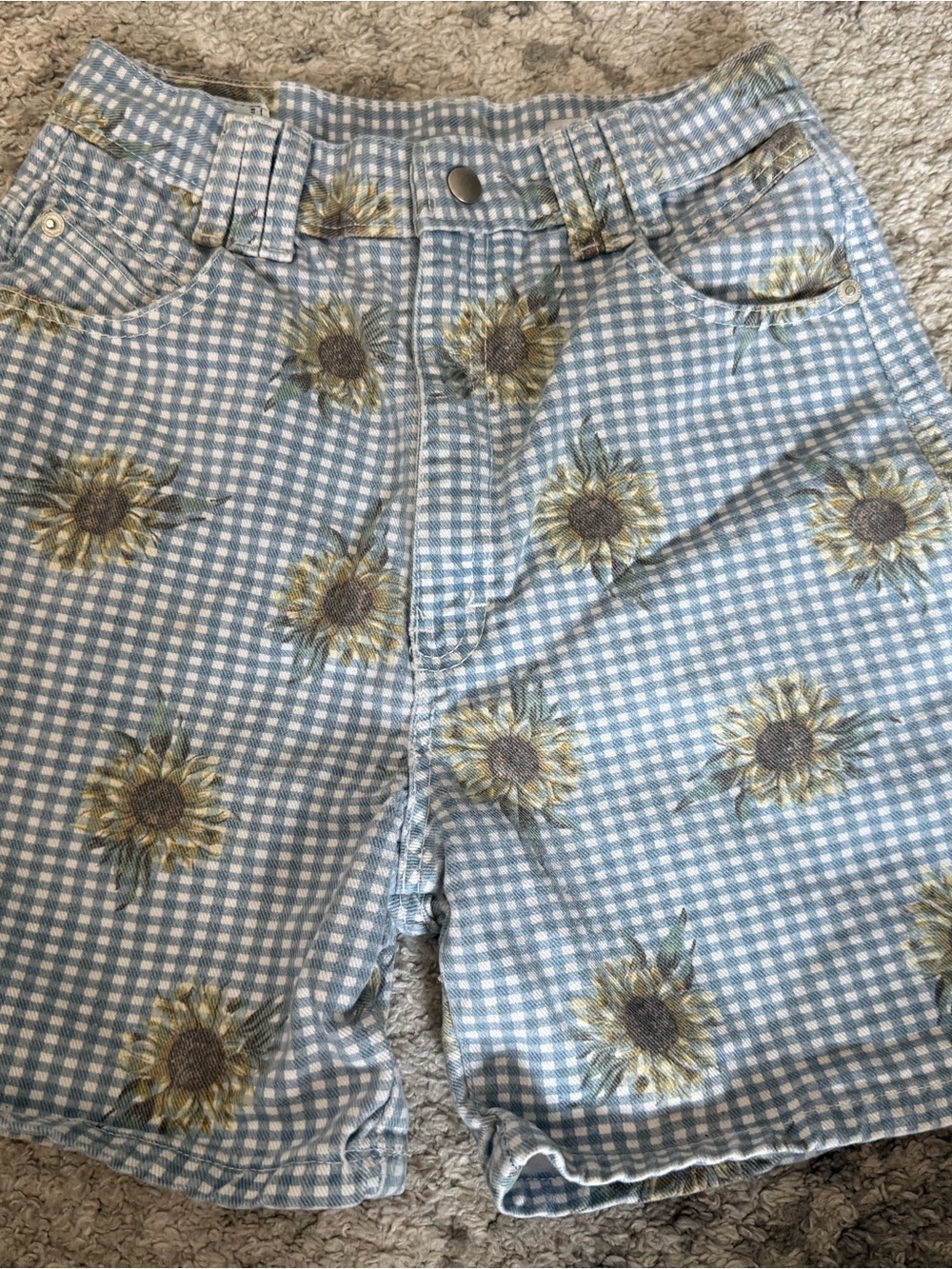 High-Waist Blue Gingham Sunflower Shorts